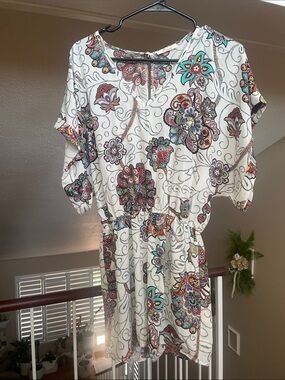 White Floral Paisley Short Romper with Elastic Waist